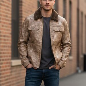 M.T.Z.DU 1981 Men’s Faux Leather Distressed Jacket Sherpa Collar Brown Sz 3XL